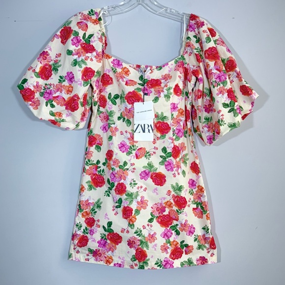 NWT ZARA THE CAROLINE DRESS S MINI FLORAL OFF SHOULDER PUFF SLEEVE Blogger Fave - Picture 9 of 16
